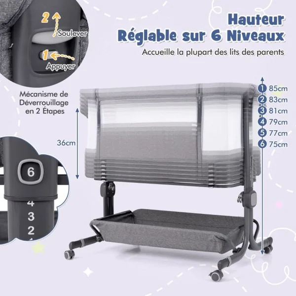 Lit de Bébé Berceau Berceau de Côté avec Hauteur Réglable 6 Niveaux Étagère de Rangement Roulettes Matelas et Sac de Transport Beige/Gris/Gris Clair/Rose