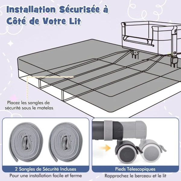 Lit de Bébé Berceau Berceau de Côté avec Hauteur Réglable 6 Niveaux Étagère de Rangement Roulettes Matelas et Sac de Transport Beige/Gris/Gris Clair/Rose