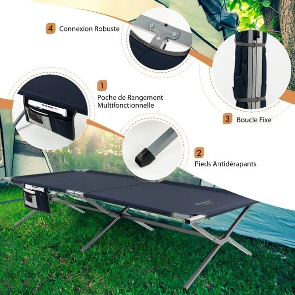 Lit de Camping Pliable de Marque Tangkula avec Sac de Transport Poche de Rangement Camping-car Plage Bureau Bleu