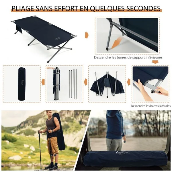 Lit de Camping Pliable de Marque Tangkula avec Sac de Transport Poche de Rangement Camping-car Plage Bureau Bleu