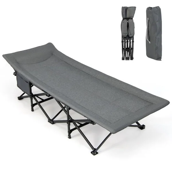 Lit de Camping Pliable Lit de Repos avec Sac de Transport Coussin Confortable et Appui-Tête Matelas Double Couche Charge 204 KG Gris/Café