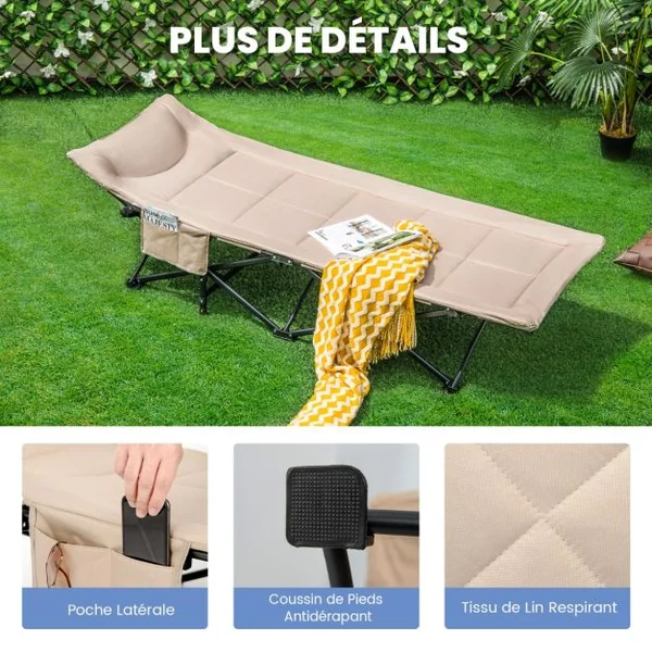 Lit de Camping Pliable Lit de Repos avec Sac de Transport Coussin Confortable et Appui-Tête Matelas Double Couche Charge 204 KG Gris/Café