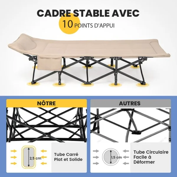Lit de Camping Pliable Lit de Repos avec Sac de Transport Coussin Confortable et Appui-Tête Matelas Double Couche Charge 204 KG Gris/Café