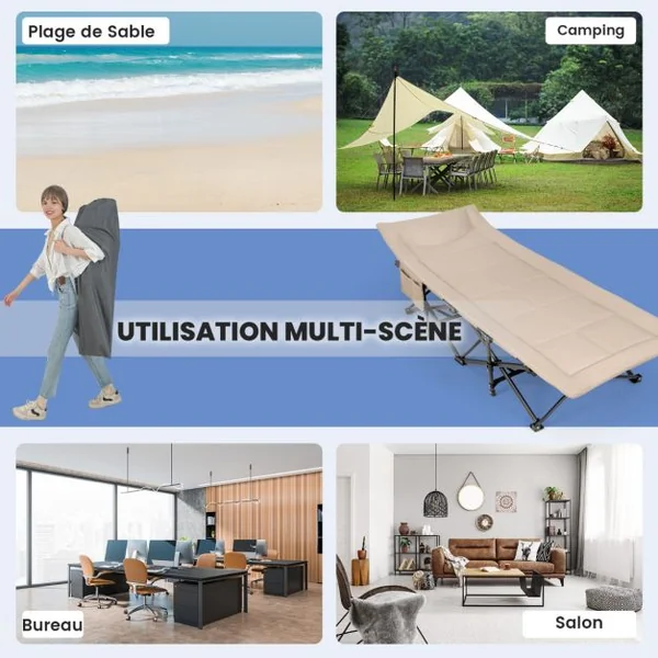 Lit de Camping Pliable Lit de Repos avec Sac de Transport Coussin Confortable et Appui-Tête Matelas Double Couche Charge 204 KG Gris/Café