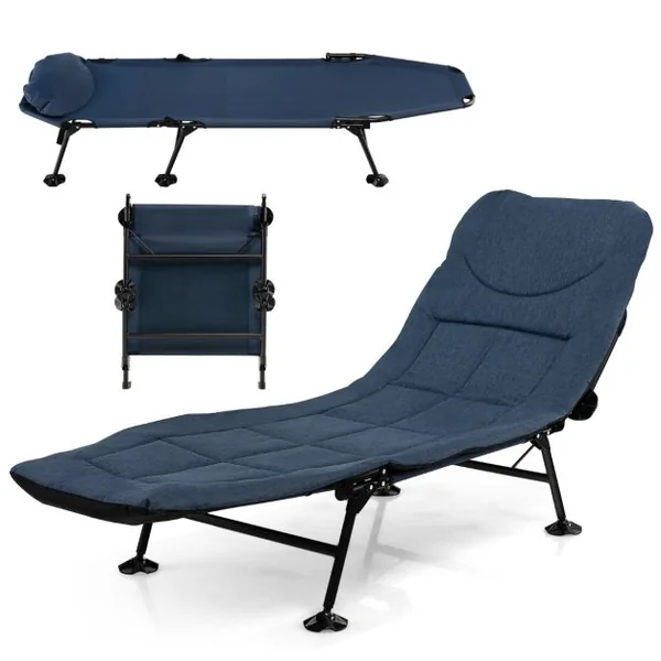 Lit de Camping Pliant avec Matelas Détachable Dossier Réglable à 6 Positions Housse de Pied Pivotante à 360° Lit de Camping Portable et Léger Bleu/Gris