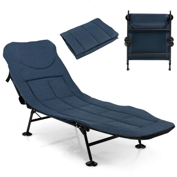 Lit de Camping Pliant avec Matelas Détachable Dossier Réglable à 6 Positions Housse de Pied Pivotante à 360° Lit de Camping Portable et Léger Bleu/Gris