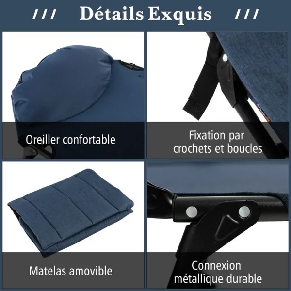 Lit de Camping Pliant avec Matelas Détachable Dossier Réglable à 6 Positions Housse de Pied Pivotante à 360° Lit de Camping Portable et Léger Bleu/Gris