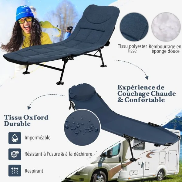 Lit de Camping Pliant avec Matelas Détachable Dossier Réglable à 6 Positions Housse de Pied Pivotante à 360° Lit de Camping Portable et Léger Bleu/Gris