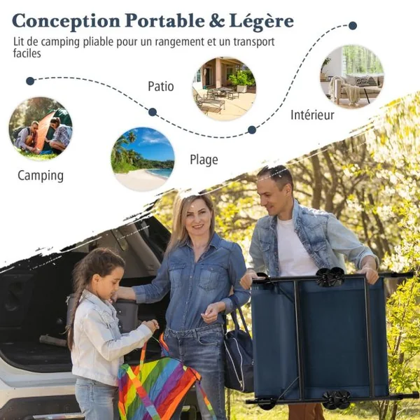 Lit de Camping Pliant avec Matelas Détachable Dossier Réglable à 6 Positions Housse de Pied Pivotante à 360° Lit de Camping Portable et Léger Bleu/Gris