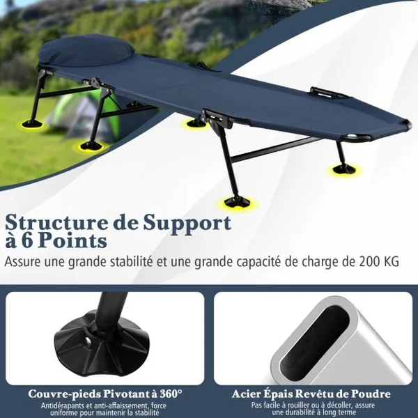 Lit de Camping Pliant avec Matelas Détachable Dossier Réglable à 6 Positions Housse de Pied Pivotante à 360° Lit de Camping Portable et Léger Bleu/Gris
