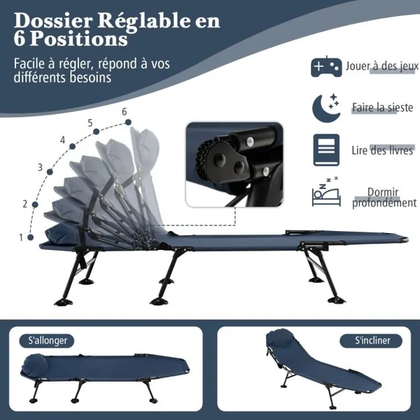 Lit de Camping Pliant avec Matelas Détachable Dossier Réglable à 6 Positions Housse de Pied Pivotante à 360° Lit de Camping Portable et Léger Bleu/Gris