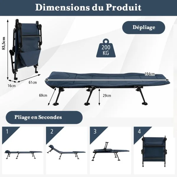 Lit de Camping Pliant avec Matelas Détachable Dossier Réglable à 6 Positions Housse de Pied Pivotante à 360° Lit de Camping Portable et Léger Bleu/Gris