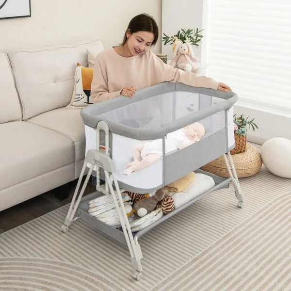 Lit de Chevet pour Bébé Berceau Lit Pliant Portable Berceau Réglable avec Rangement Gris/Noir