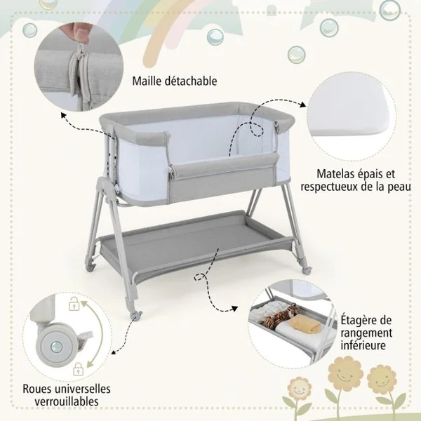 Lit de Chevet pour Bébé Berceau Lit Pliant Portable Berceau Réglable avec Rangement Gris/Noir