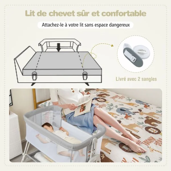 Lit de Chevet pour Bébé Berceau Lit Pliant Portable Berceau Réglable avec Rangement Gris/Noir