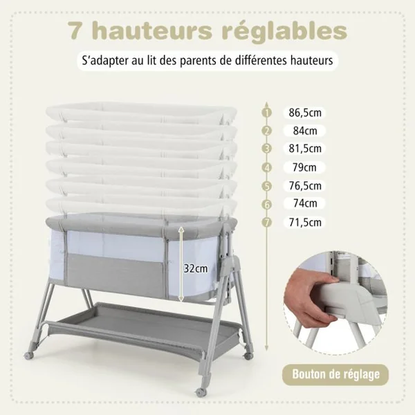 Lit de Chevet pour Bébé Berceau Lit Pliant Portable Berceau Réglable avec Rangement Gris/Noir