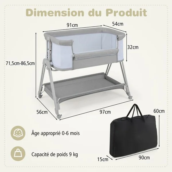 Lit de Chevet pour Bébé Berceau Lit Pliant Portable Berceau Réglable avec Rangement Gris/Noir