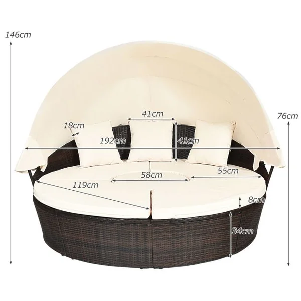 Lit de Jardin Rond d'Exterieur Table Relevable Modulable & Convertible - Pare Soleil Réglable rotin PE Coussins Inclus Beige