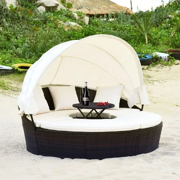 Lit de Jardin Rond d'Exterieur Table Relevable Modulable & Convertible - Pare Soleil Réglable rotin PE Coussins Inclus Beige