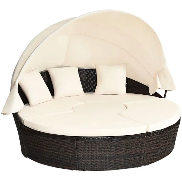 Lit de Jardin Rond d'Exterieur Table Relevable Modulable & Convertible - Pare Soleil Réglable rotin PE Coussins Inclus Beige