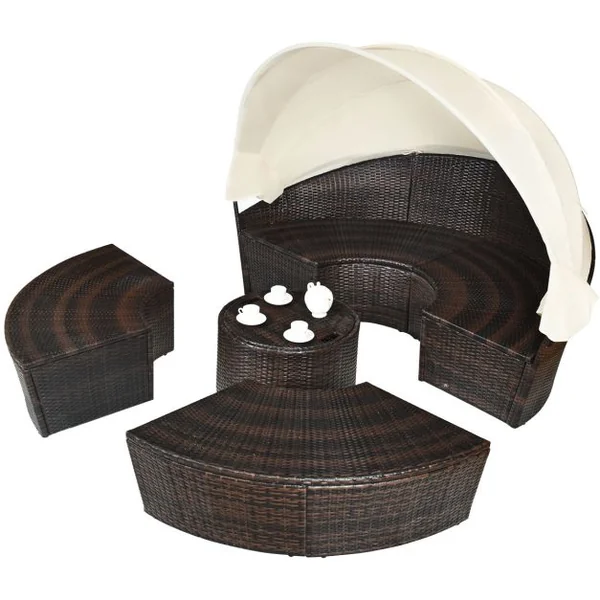 Lit de Jardin Rond d'Exterieur Table Relevable Modulable & Convertible - Pare Soleil Réglable rotin PE Coussins Inclus Beige