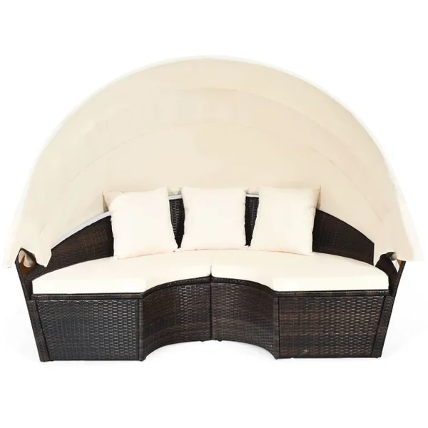 Lit de Jardin Rond d'Exterieur Table Relevable Modulable & Convertible - Pare Soleil Réglable rotin PE Coussins Inclus Beige