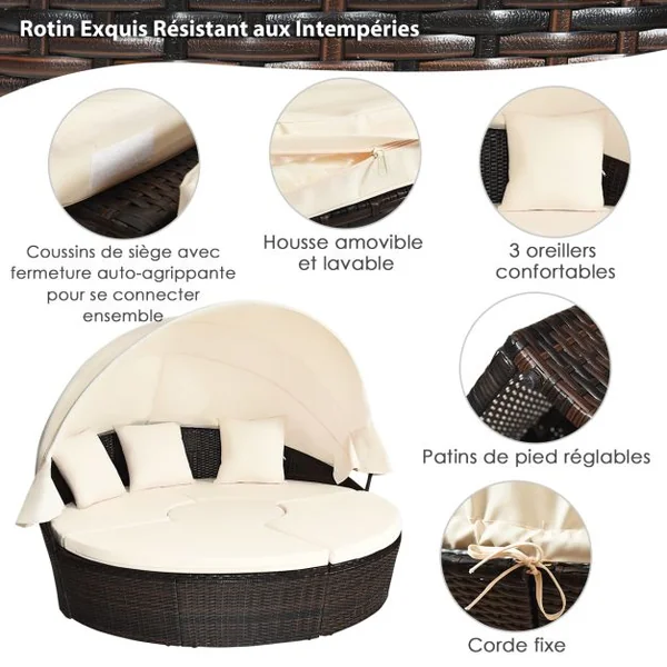 Lit de Jardin Rond d'Exterieur Table Relevable Modulable & Convertible - Pare Soleil Réglable rotin PE Coussins Inclus Beige