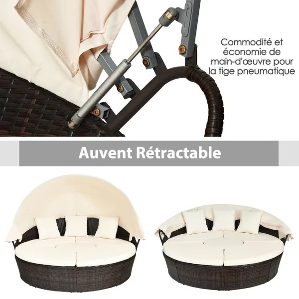 Lit de Jardin Rond d'Exterieur Table Relevable Modulable & Convertible - Pare Soleil Réglable rotin PE Coussins Inclus Beige