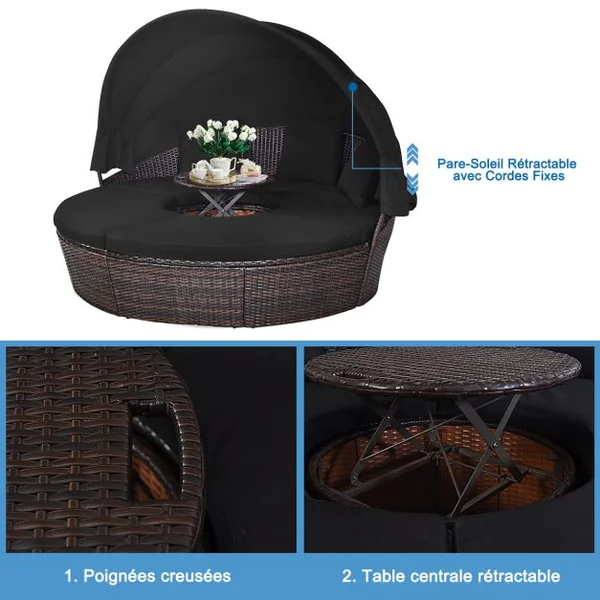 Lit de Jardin Rond d'Exterieur Table Relevable Modulable & Convertible - Pare Soleil Réglable rotin PE Coussins Inclus Noir