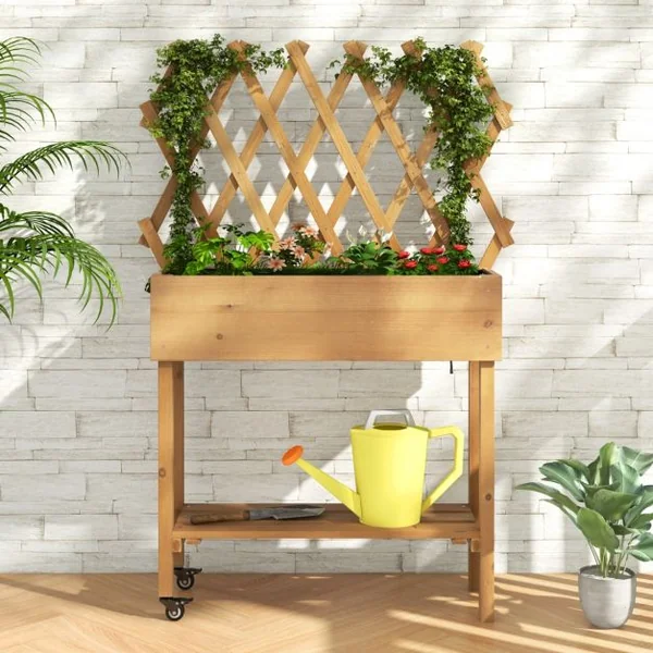 Lit de Jardin Surélevé en Bois avec Treillis Etagère de Rangement Jardinière Surélevée avec Roues Verrouillables Doublure en Tissu Naturel
