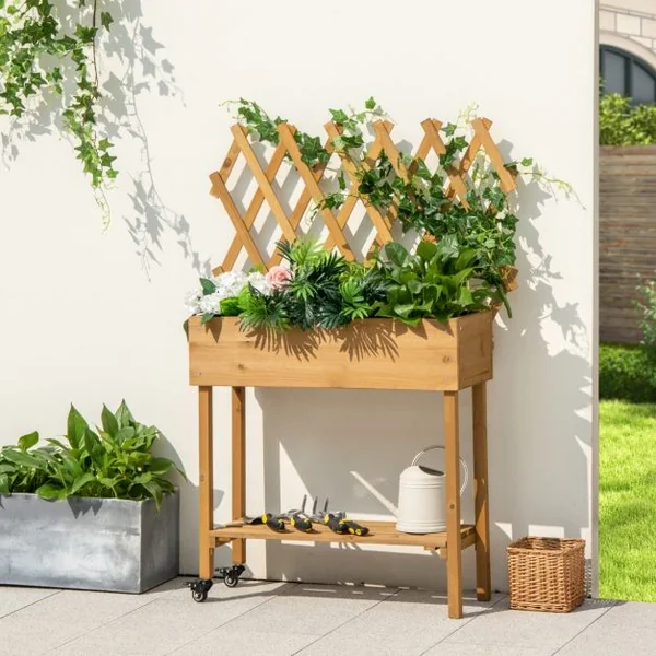 Lit de Jardin Surélevé en Bois avec Treillis Etagère de Rangement Jardinière Surélevée avec Roues Verrouillables Doublure en Tissu Naturel