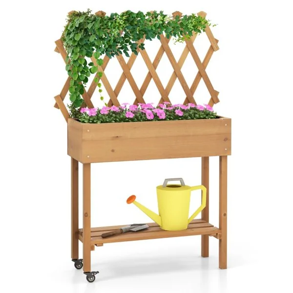 Lit de Jardin Surélevé en Bois avec Treillis Etagère de Rangement Jardinière Surélevée avec Roues Verrouillables Doublure en Tissu Naturel