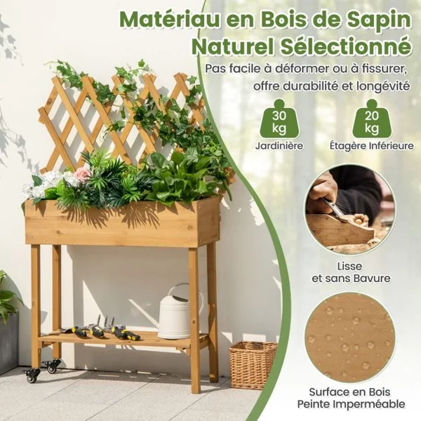Lit de Jardin Surélevé en Bois avec Treillis Etagère de Rangement Jardinière Surélevée avec Roues Verrouillables Doublure en Tissu Naturel