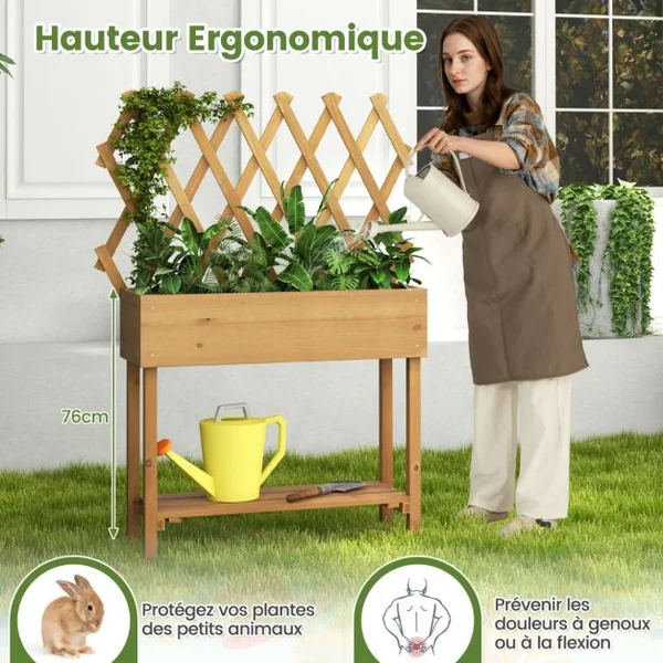 Lit de Jardin Surélevé en Bois avec Treillis Etagère de Rangement Jardinière Surélevée avec Roues Verrouillables Doublure en Tissu Naturel