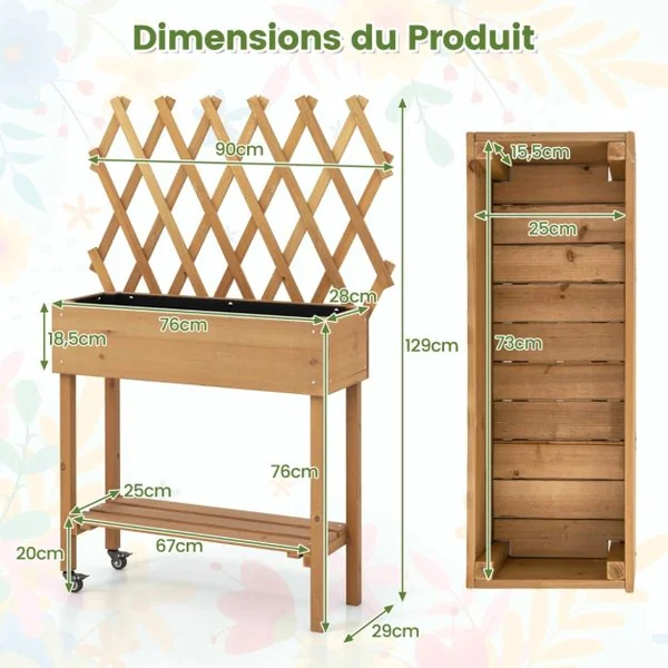 Lit de Jardin Surélevé en Bois avec Treillis Etagère de Rangement Jardinière Surélevée avec Roues Verrouillables Doublure en Tissu Naturel