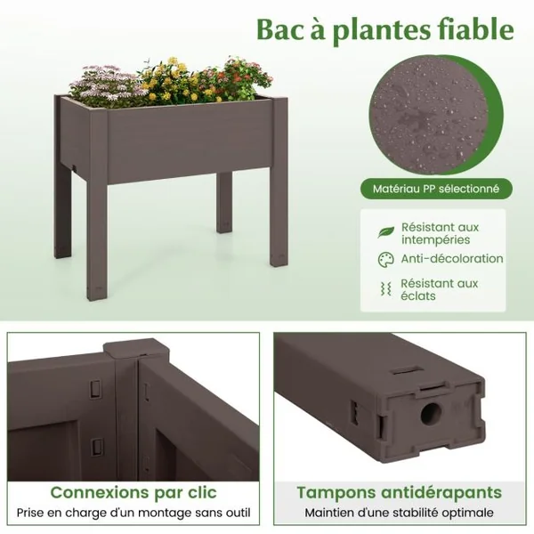 Lit de Jardin Surélevé Jardinière à Arrosage Automatique Indicateur de Niveau d'Eau Trou de Drainage Séparateurs Amovibles Café