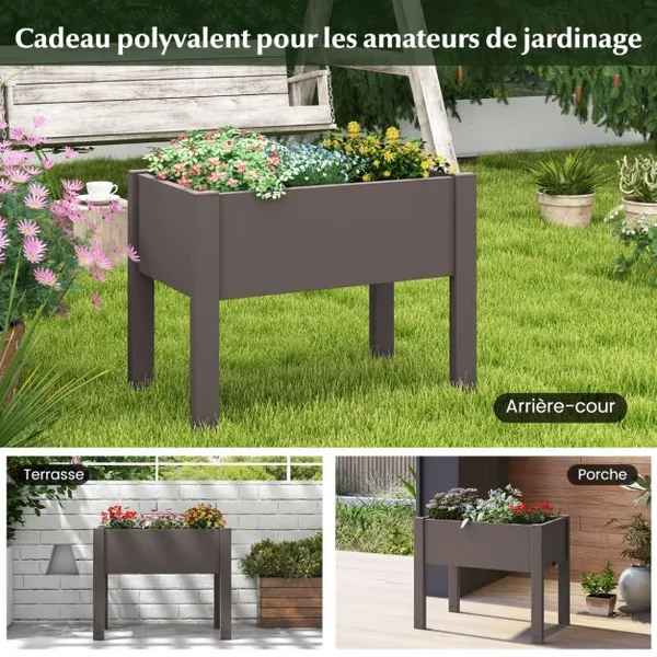 Lit de Jardin Surélevé Jardinière à Arrosage Automatique Indicateur de Niveau d'Eau Trou de Drainage Séparateurs Amovibles Café