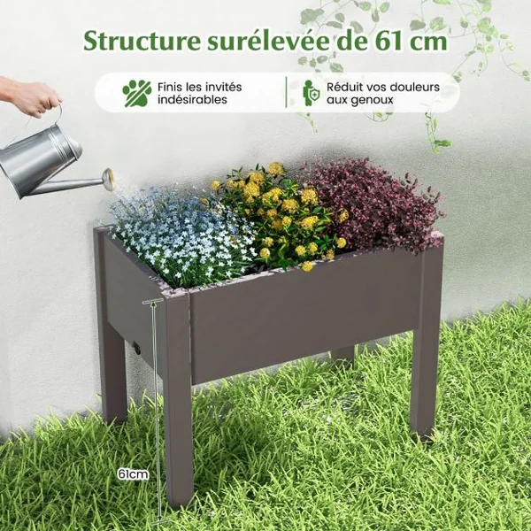 Lit de Jardin Surélevé Jardinière à Arrosage Automatique Indicateur de Niveau d'Eau Trou de Drainage Séparateurs Amovibles Café