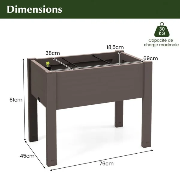 Lit de Jardin Surélevé Jardinière à Arrosage Automatique Indicateur de Niveau d'Eau Trou de Drainage Séparateurs Amovibles Café