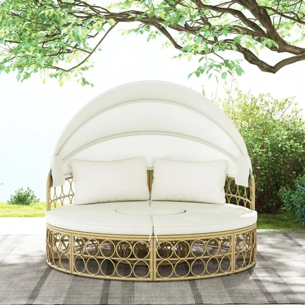 Lit de Repos Rond pour Patio avec Auvent Rétractable Ensemble de Siège Sectionnels Séparés en Rotin PE avec Coussins Doux Blanc