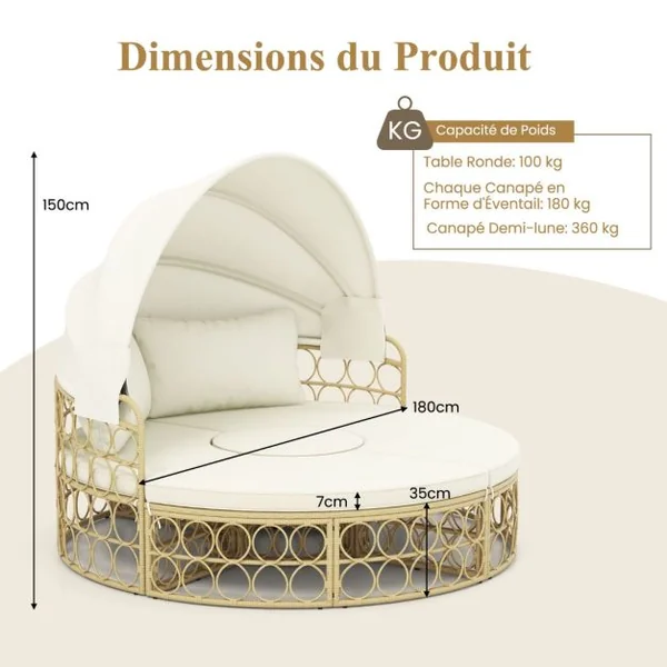 Lit de Repos Rond pour Patio avec Auvent Rétractable Ensemble de Siège Sectionnels Séparés en Rotin PE avec Coussins Doux Blanc