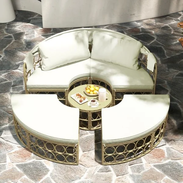 Lit de Repos Rond pour Patio avec Auvent Rétractable Ensemble de Siège Sectionnels Séparés en Rotin PE avec Coussins Doux Blanc