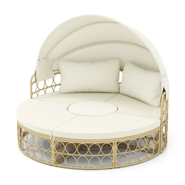 Lit de Repos Rond pour Patio avec Auvent Rétractable Ensemble de Siège Sectionnels Séparés en Rotin PE avec Coussins Doux Blanc
