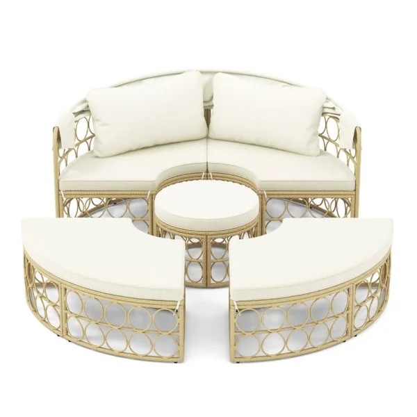 Lit de Repos Rond pour Patio avec Auvent Rétractable Ensemble de Siège Sectionnels Séparés en Rotin PE avec Coussins Doux Blanc