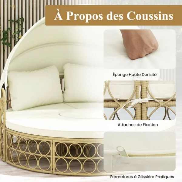 Lit de Repos Rond pour Patio avec Auvent Rétractable Ensemble de Siège Sectionnels Séparés en Rotin PE avec Coussins Doux Blanc