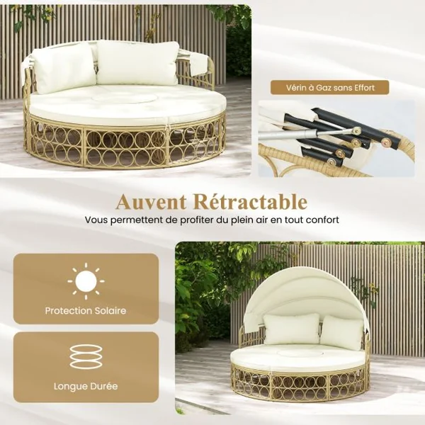 Lit de Repos Rond pour Patio avec Auvent Rétractable Ensemble de Siège Sectionnels Séparés en Rotin PE avec Coussins Doux Blanc