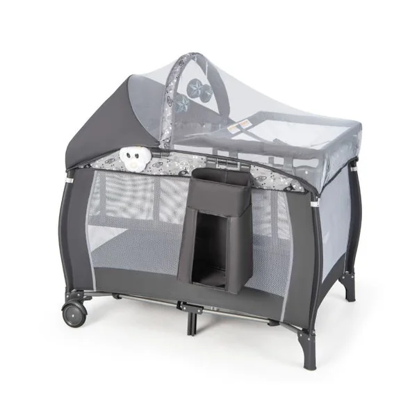 Lit de Voyage Bébé 3-en-1 Parc Pliable Portable avec Table à Langer Baldaquin et Moustiquaire Boîte à Musique Parois Latérales Aérées Gris