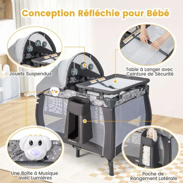 Lit de Voyage Bébé 3-en-1 Parc Pliable Portable avec Table à Langer Baldaquin et Moustiquaire Boîte à Musique Parois Latérales Aérées Gris