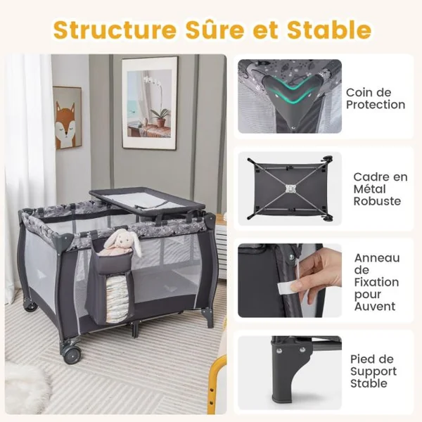 Lit de Voyage Bébé 3-en-1 Parc Pliable Portable avec Table à Langer Baldaquin et Moustiquaire Boîte à Musique Parois Latérales Aérées Gris