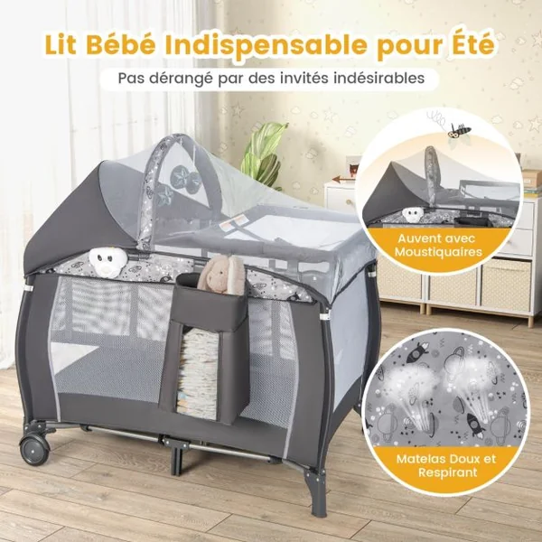Lit de Voyage Bébé 3-en-1 Parc Pliable Portable avec Table à Langer Baldaquin et Moustiquaire Boîte à Musique Parois Latérales Aérées Gris